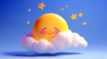 Cartoon Illustration Of Yellow Moon On Cloud , Dream Kids Concept 
