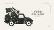 Fresh food ingredients. Delivery silhouette design template. Classic vintage pickup truck with food. Vector illustration