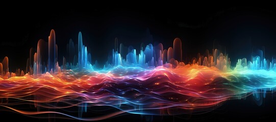Wall Mural - an abstract wallpaper with a black background, in a wide format, creating a futuristic composition t