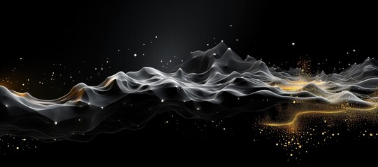 Wall Mural - An abstract wallpaper with a black background, in a wide format, creating a composition that seamlessly blends cosmic elements with advanced technology in an imaginative display. Illustration