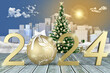 Illustrazione 3D. Anno nuovo 2024. Capodanno 2024 in numeri e palla di Natale. Sfondo con decorazione e ambientazione natalizia.