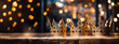 Three golden crowns sparkling festive background. Epiphany Day, Three Kings Day. Religious winter holidays card template