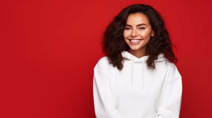 Poster - Young smiling woman wearing blank white hoodie isolated on a red background. AI