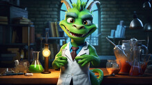 Cute Green Oriental Dragon Scientist In Science Lab