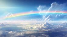 Beautiful Rainbow Light Rays Above The Clouds In A Clear Blue Sky Created With Generative AI Technology