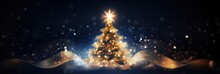 Christmas Tree With Golden Glitter And Star On Night Background With Copy Space Banner