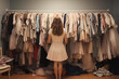 Woman selecting cloth from her wardrobe's rack, back facing camera. Concept of nothing to wear and getting dressed