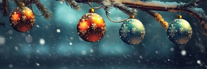 Wall Mural - Christmas background with fir branches and balls, snowflakes on green background withsnow particals for new year celebration