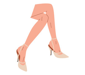 Wall Mural - Women beautiful slender legs in white high-heeled sandals. Vector isolated fashion shoe illustration.