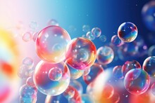 Transparent Vector Soap Bubbles Flying On Abstract Background. Brightly Colored Or Round Glass Beads