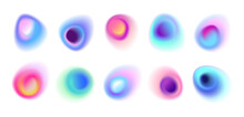 Realistic Set Of Abstract Radial Gradient Blur Spots. Multicolor Blurred Circles, Soft Rainbow Color Dots Isolated On White Background. Glow Blue And Pink Round Design Elements. Circular Blurry Stains