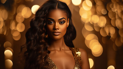 African American woman luxury in gold on golden sparkling background, girl in golden dress..