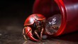 Hermit crab inside a red coffee capsule.