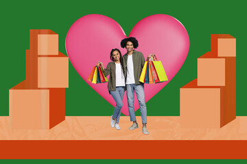 Sticker - Poster banner 3d collage of cute beautiful couple spending weekend time shopping together isolated on drawing background