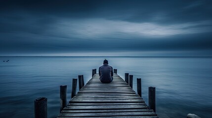 Poster - Man is thinking on the edge of pier. Image was shot with long exposure.