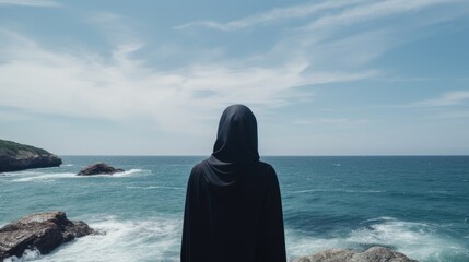 Rear view of a muslim woman wearing a burkini watching a seascape by a good weather.