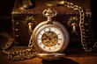 Round antique gold pocket watch with an open lid next to an ancient suitcase, valise. passing time. Collecting antiques