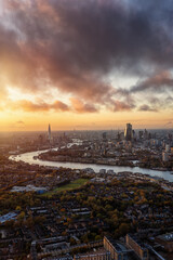 Wall Mural - Elevated view over the skyline of London, England, during a golden sunset