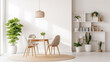 © Witri - Plants on shelves and rug in white apartment interior with chairs at dining table lamp generative ai