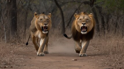 Wall Mural - two charging lions at zimbabwe.