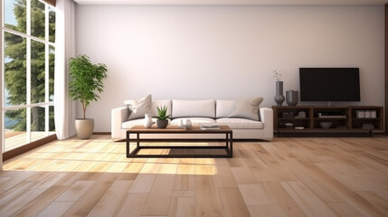 Poster - Modern living room with wood floor. Modern, white minimalist interior. generative ai