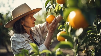 Woman farmer picks a fresh orange from a green tree in sunny day. Organic harvesting. Natural vitamins.']