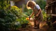 little girl daughter working in the vegetable garden ,little child and nature