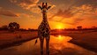 Giraffe and sunset in the African forest, wildlife and beautiful landscape.