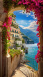 beautiful view of Italy's amalfi Coast with red flowers, unique artsy architecture buildings and blue sea  created with Generative AI Technology