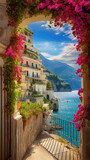 Fototapeta Sypialnia - beautiful view of Italy's amalfi Coast with red flowers, unique artsy architecture buildings and blue sea  created with Generative AI Technology