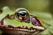 frog close-up. green frog with big eyes close-up, forest on the background. nature and animals concept