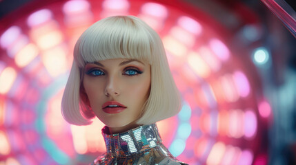 Fashion retro futuristic in surrealistic 60s-70s disco club culture life style