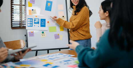  UX developer and ui designer brainstorming about mobile app interface wireframe design with customer breif and color code