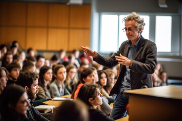 lecture in a university auditorium to a group of students by a gray-haired professor teacher. ai gen