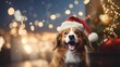 A cheerful dog in a Santa Claus hat, against the background in flickering garlands. Happy new year and merry christmas card
