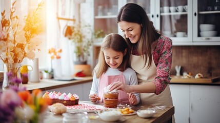 Happy holiday . Mother and her daughter cute little girl decorate Easter bread. The family is preparing for Easter.