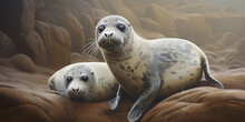 Common Seal Or Harbor Seal. Harbor Seals In Natural Habitat