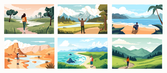 people enjoying landscape view. cartoon characters hiking and camping on nature, travelers and hiker