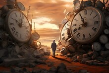 A Mystical Scene With A Man Walking Between Giant Clocks