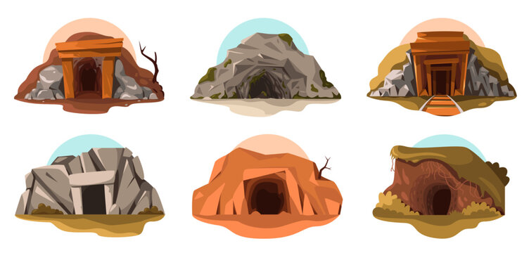 Cave entrance. Cartoon ancient mine with wooden door, prehistoric abandoned cavern with rock ground and dirt. Vector isolated set