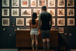 A young couple intently browse through a display of minimalist tattoo designs in a well-lit, clean studio, contemplating their next body art