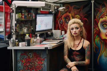 Poster - A tatoo artist at a temporary tattoo booth at a local fair attracts children and adults alike, offering a variety of designs