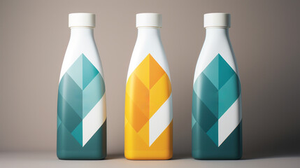 Poster - Three colorful bottles with geometric designs on them, AI