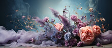 A Close Up Of Flowers In The Morning - Dreamlike, Smokey Background Illustration, Still-lifes, Purple, Pink And Blue Design.