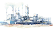 Watercolor Drawing Paint Of Industry Zone, Refinery Power Plant Energy Station For Stored, Png