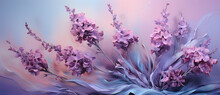 A Close Up Of Flowers In The Morning - Dreamlike, Smokey Background Illustration, Still-lifes, Purple, Pink And Blue Design.