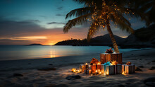 A Isolated Palm Tree Standing On The Beach Surrounded With Some Gifts And Lights Hanging In It.