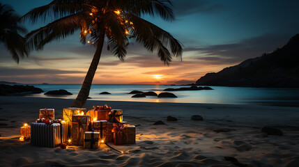 Wall Mural - A isolated palm tree standing on the beach surrounded with some gifts and lights hanging in it.