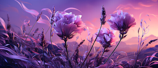 A Close up of flowers in the morning - Dreamlike, smokey background illustration, still-lifes, purple, pink and blue design.