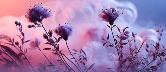 Wall Mural - A Close up of flowers in the morning - Dreamlike, smokey background illustration, still-lifes, purple, pink and blue design.